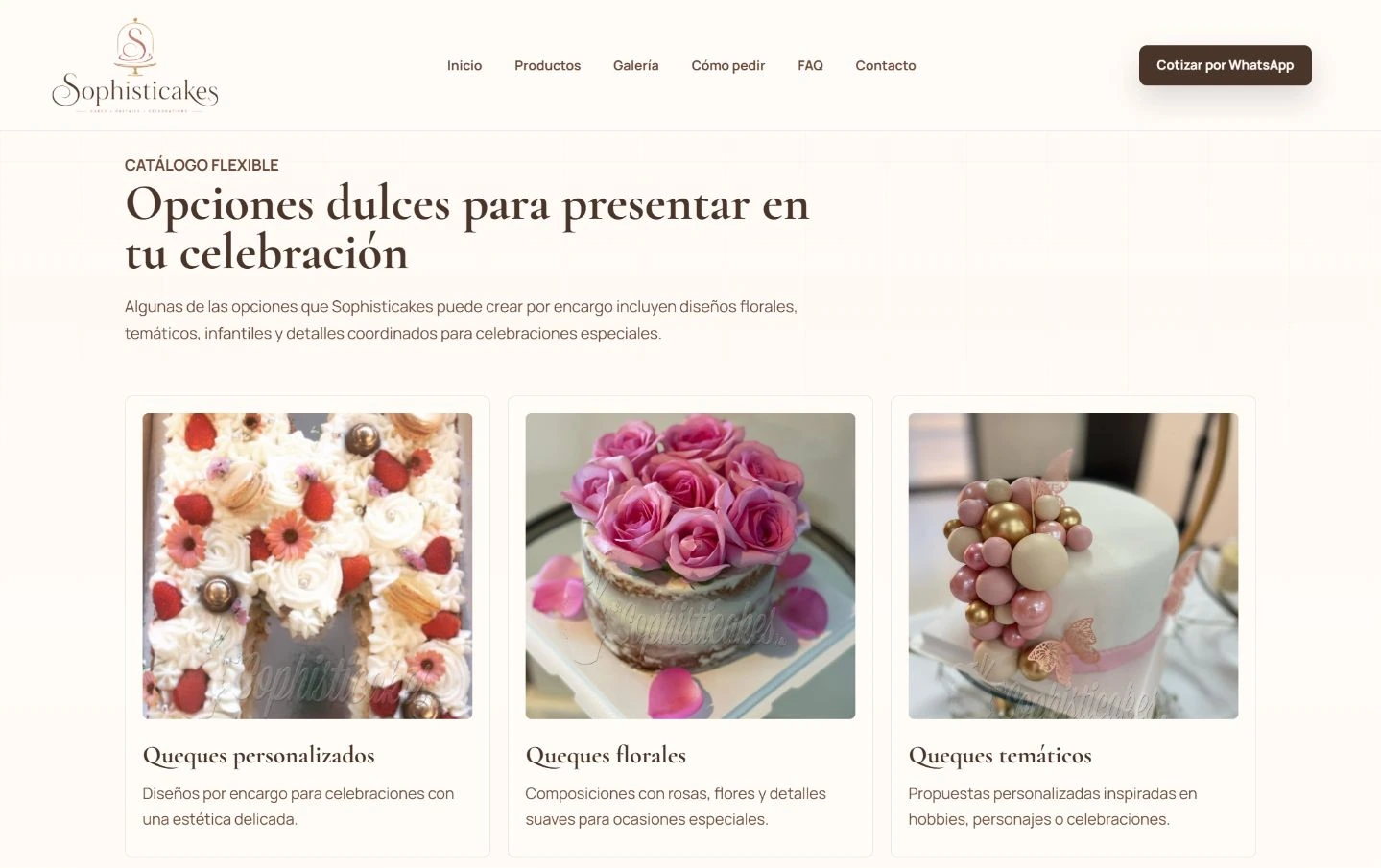 Captura de la galería de productos de Sophisticakes